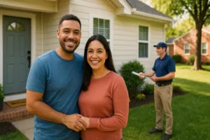 Smiling couple outside a house while a worker in a navy polo takes notes on the lawn behind them
