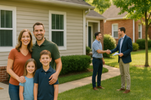 Smiling family of four outside a suburban house while two men shake hands on the lawn behind them