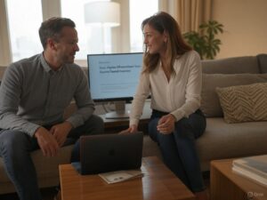 Man and woman seated on a living room sofa talking, an open laptop and papers on the coffee table between them