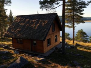 Wooden cabin among pine trees at the edge of a calm lake in golden evening light