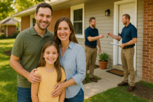 Smiling parents and daughter outside a brick home as two men hand over keys near the front door