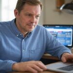 Man in a blue shirt typing on a laptop at home with a monitor showing a website behind him