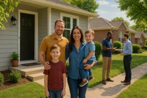 Parents with two young children outside a house while two men exchange a document on the lawn behind