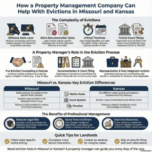 Infographic titled How a Property Management Company Can Help With Evictions in Missouri and Kansas
