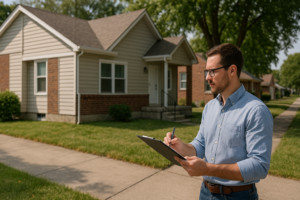 Man with glasses writing on a clipboard on a sidewalk outside a beige ranch style house