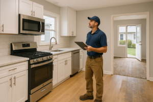 Worker in a navy cap and polo holding a clipboard while inspecting a newly finished white kitchen