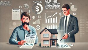 Collage of two men with charts, a house and dollar signs under repeated Alpine Property Management Kansas City text