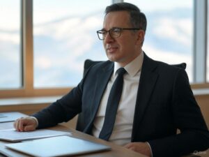 Man in a dark suit and glasses seated alone at a desk with documents, snowy mountains through the window