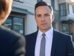 Man in a navy suit and tie talking with someone outside a modern apartment building on a sunny day