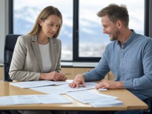 Two Alpine Property Management employees sitting at a desk reviewing paperwork