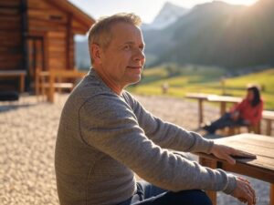 A man sitting on a park bench enjoying a peaceful moment in a scenic, beautiful area, potentially on vacation.