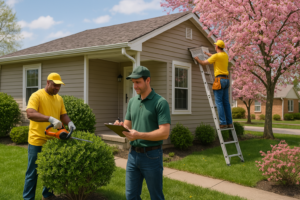 Alpine Property Management employees working outside a rental home, preparing the property for spring